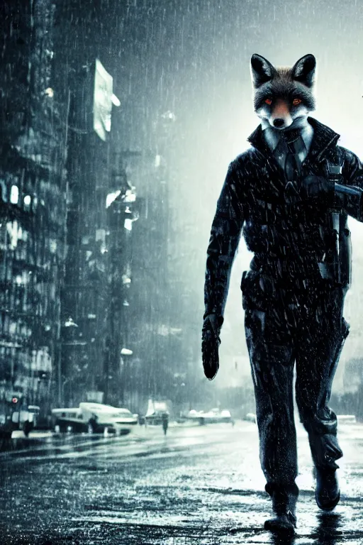 Image similar to cinematic shot of a humanoid fox double agent for the cia walking through a decimated city. realistic. rainy. dramatic lighting.