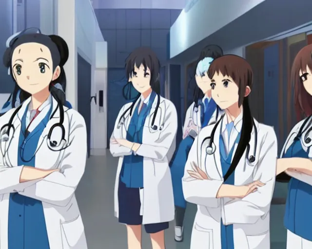 Image similar to five cute young female doctors wearing white coat standing in front of a CT machine, slice of life anime, lighting, anime scenery by Makoto shinkai