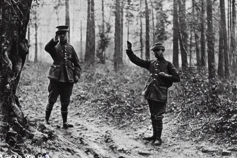 Image similar to an scary creature waving to a guy in the forest, ww1 photo, grainy, high detail, high resolution