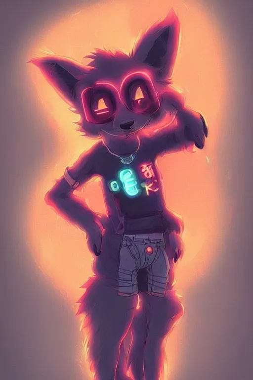 Image similar to a cute cyberpunk anthropomorphic fox with a fluffy tail, comic art, trending on furaffinity, cartoon, kawaii, backlighting, furry art!!!, neon, concept art, glitch art