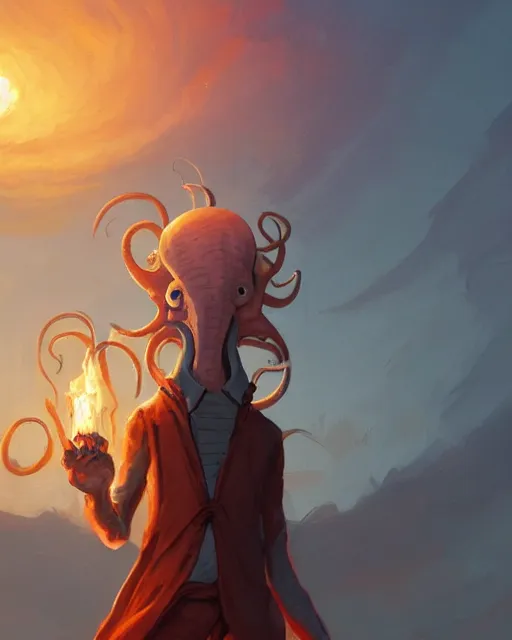 Image similar to tentacled squidward wearing fire nation clothing and practicing firebending outside at susnset, [ greg rutkowski ]