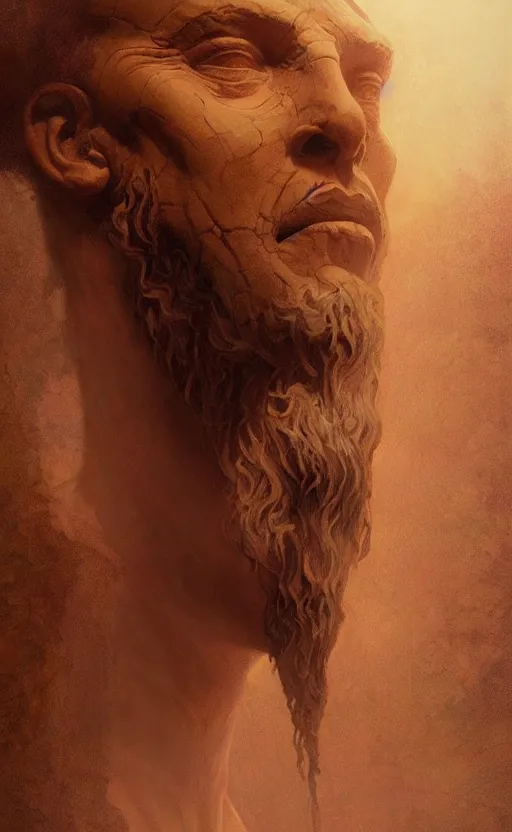 Image similar to an ancient man made of clay, a mythological being that came from the earth, a kabbalistic creation, gigantic, incomprehensible and frightening, trending on artstation, volumetric lighting, atmospheric portrait, highly detailed, art by greg rutkowski and alphonse mucha