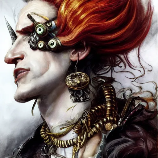 Image similar to portrait, headshot, insanely nice hair style, dramatic hair color, digital painting, of a old 17th century, old cyborg merchant, amber jewels, baroque, ornate clothing, scifi, realistic, hyperdetailed, chiaroscuro, concept art, art by Franz Hals and Jon Foster and Ayami Kojima and Amano and Karol Bak,