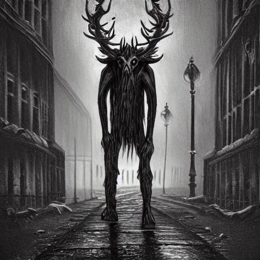 Prompt: ominous wendigo walking through the center of old london city, oil painting, gloomy misty atmosphere, symmetrical, full body image, highly ornate intricate details, very sharp photo,