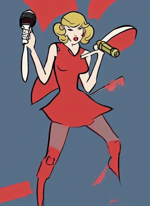 Image similar to taylor swift as a super hero similar to seraphine from league of legends with a microphone in her hand as her weapon drawn in a 1 9 5 0 s cartoon on a saturday morning style, hugh quality, very well proportioned silhouette, contemporary art