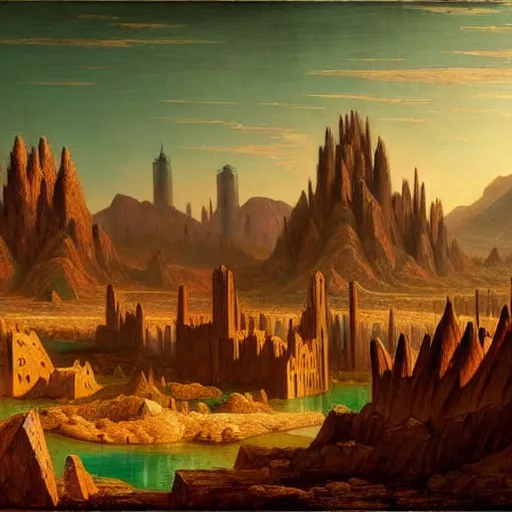 Image similar to concept art of the desert valley surrounded by mountains with a small towers on top of it | red lake with a destroyed antic building in the centre | german romanticism style, hyper - realism, narrative realism, art by johfra bosschart | high details, panoramic view | trending on artstation