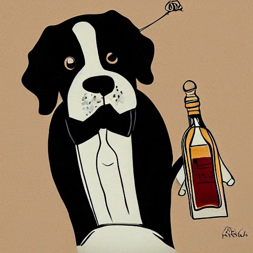 Image similar to a beautiful illustration of a dog in a tuxedo drinking whiskey by rutkowski featured on artstation, studio lighting