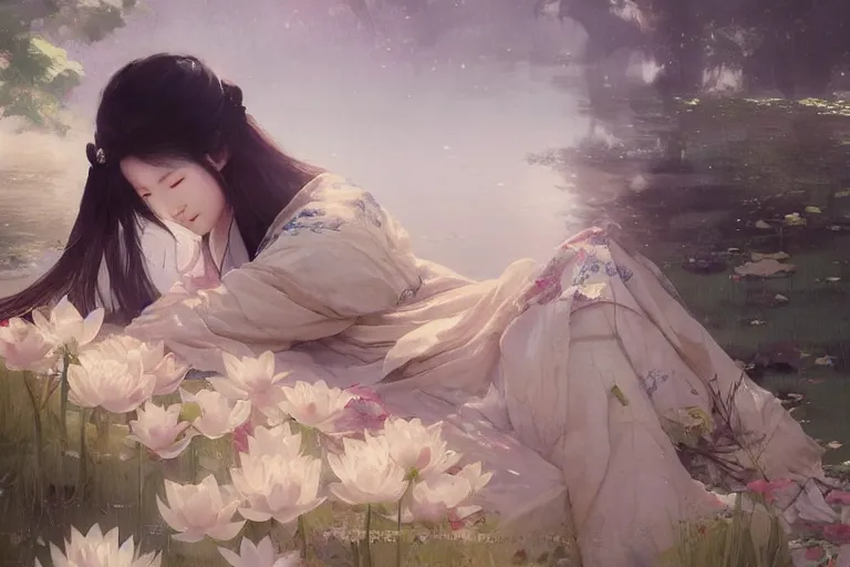 Prompt: a beautiful picture of a girl in hanfu sleeps, lotus flowers blooming, by greg rutkowski and thomas kinkade, trending on artstation