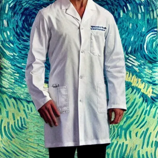 Image similar to Tom Cruise in white lab coat by Van Gogh