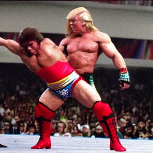 Image similar to the ultimate warrior does a suplex on donald trump, WWE, 1990s, VHS