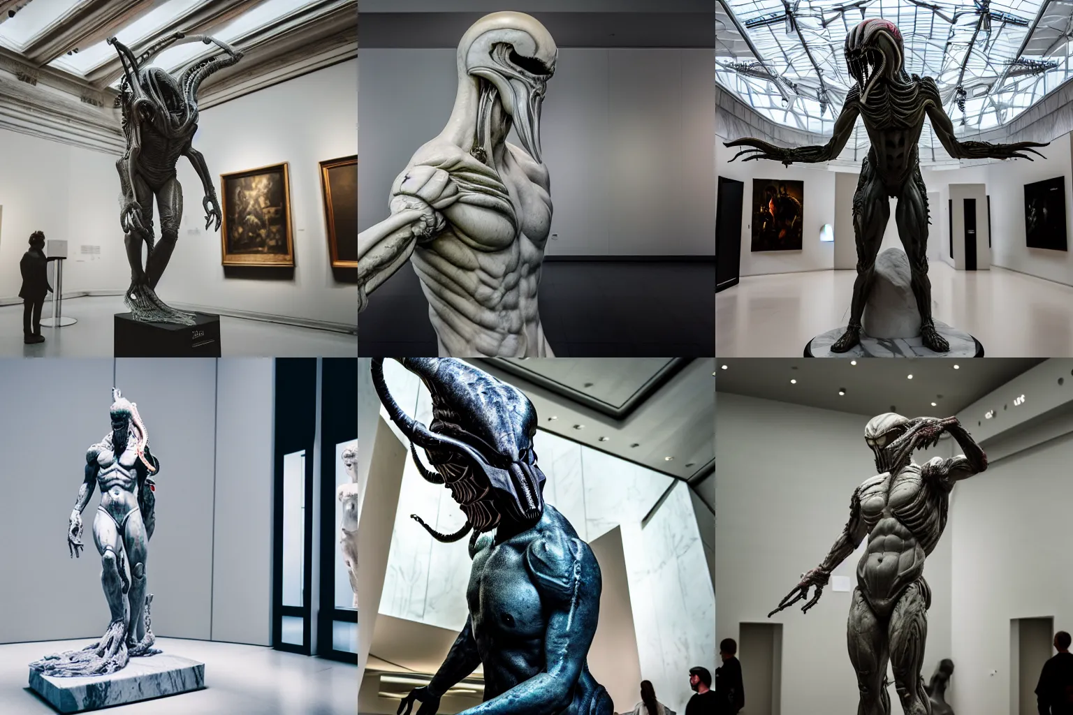 Prompt: a marble statue of a xenomorph in a modern museum, visitors around it, professional photograph, 35mm lens