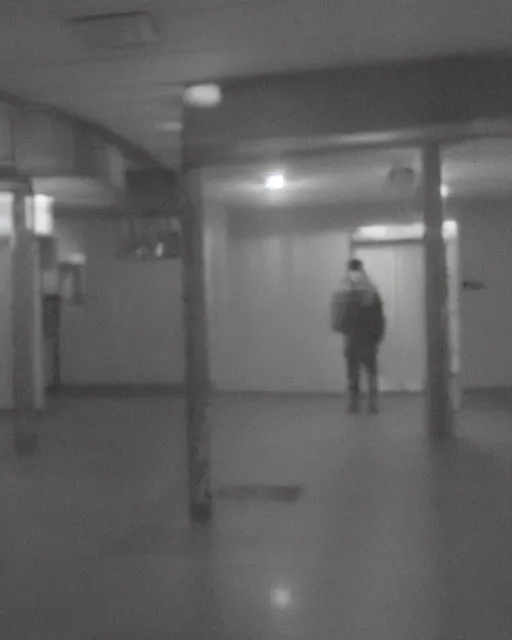 Image similar to aggressive psychopath with a knife looking at camera, horror lighting, at night, cctv footage, out of focus, motion blur