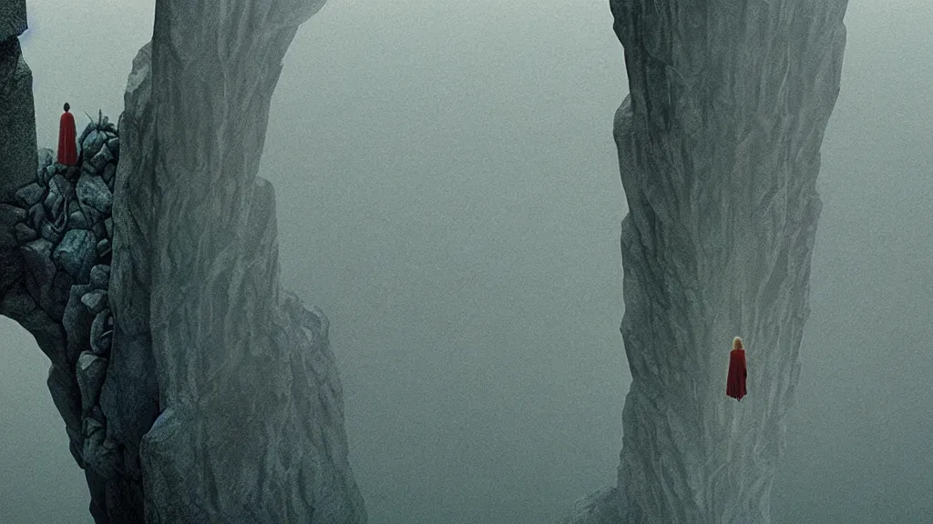 Prompt: acrophobia, film still from the movie directed by denis villeneuve and david cronenberg with art direction by zdzisław beksinski and dr. seuss