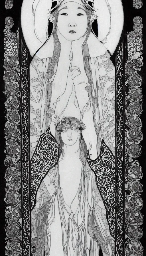 Image similar to yoon young bae as the high priestess, by mucha, black and white oil painting