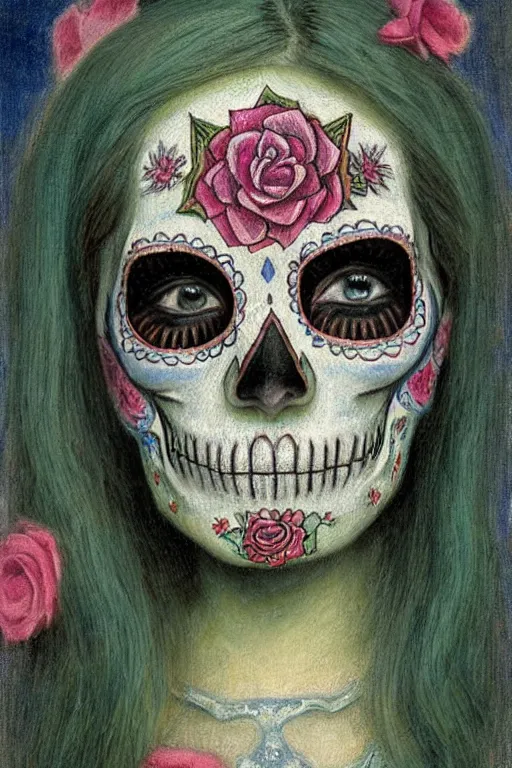 Prompt: Illustration of a sugar skull day of the dead girl, art by L Birge Harrison