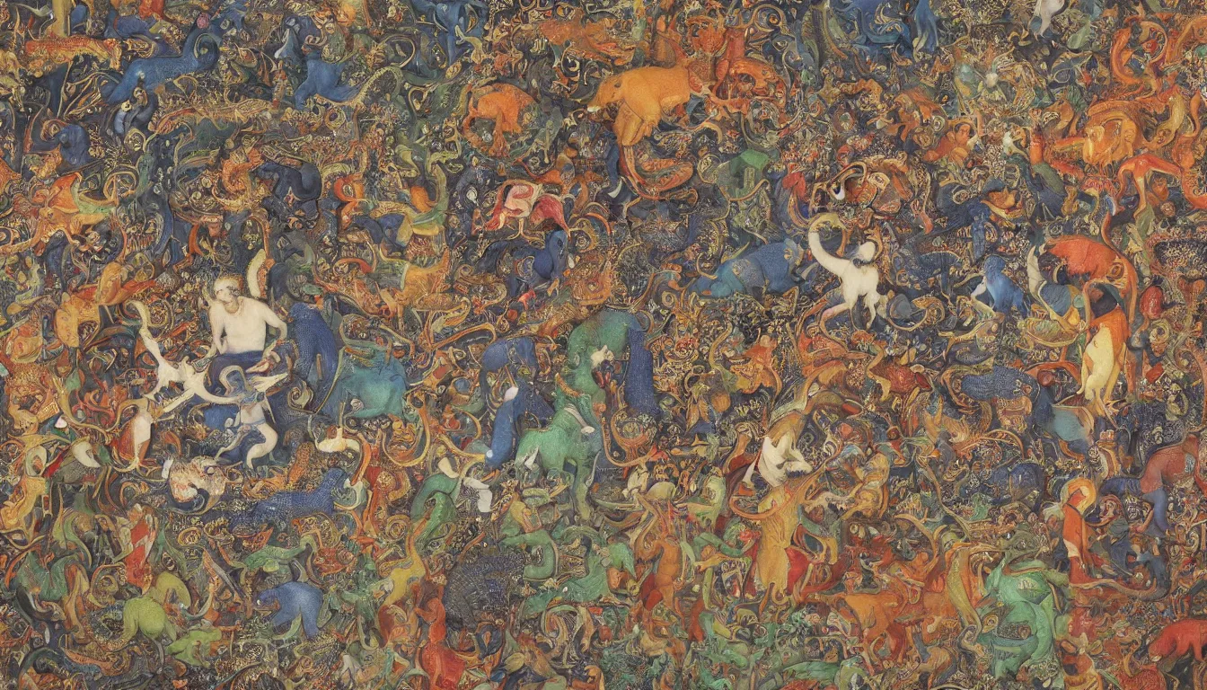 Image similar to realistic detailed photo rendered in octane 3d , A Composite Elephant - Delhi School, human, sufi saint, or celestial rider guiding the magic. animal. such composite animal figures revealing a kaleidoscope of reptiles, mammals, birds, and amphibians could represent the internal unity of all beings through the successive, Indian Miniature Art Painting, late 80's, by Amano, Francis Bacon, Elizabeth Erickson, Kenny Schar, Robert Colescott painting, art by Joey Terrill, smooth shading, ultra detailed, high resolution, acrylic, collage, masterpiece, rendered in blender, deep colours, ultra realistic, cinematic, unreal 6