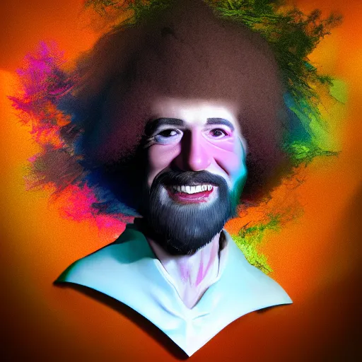 Prompt: improbability, octane render, portrait made of paint, splashes of colors, bob ross comic book art