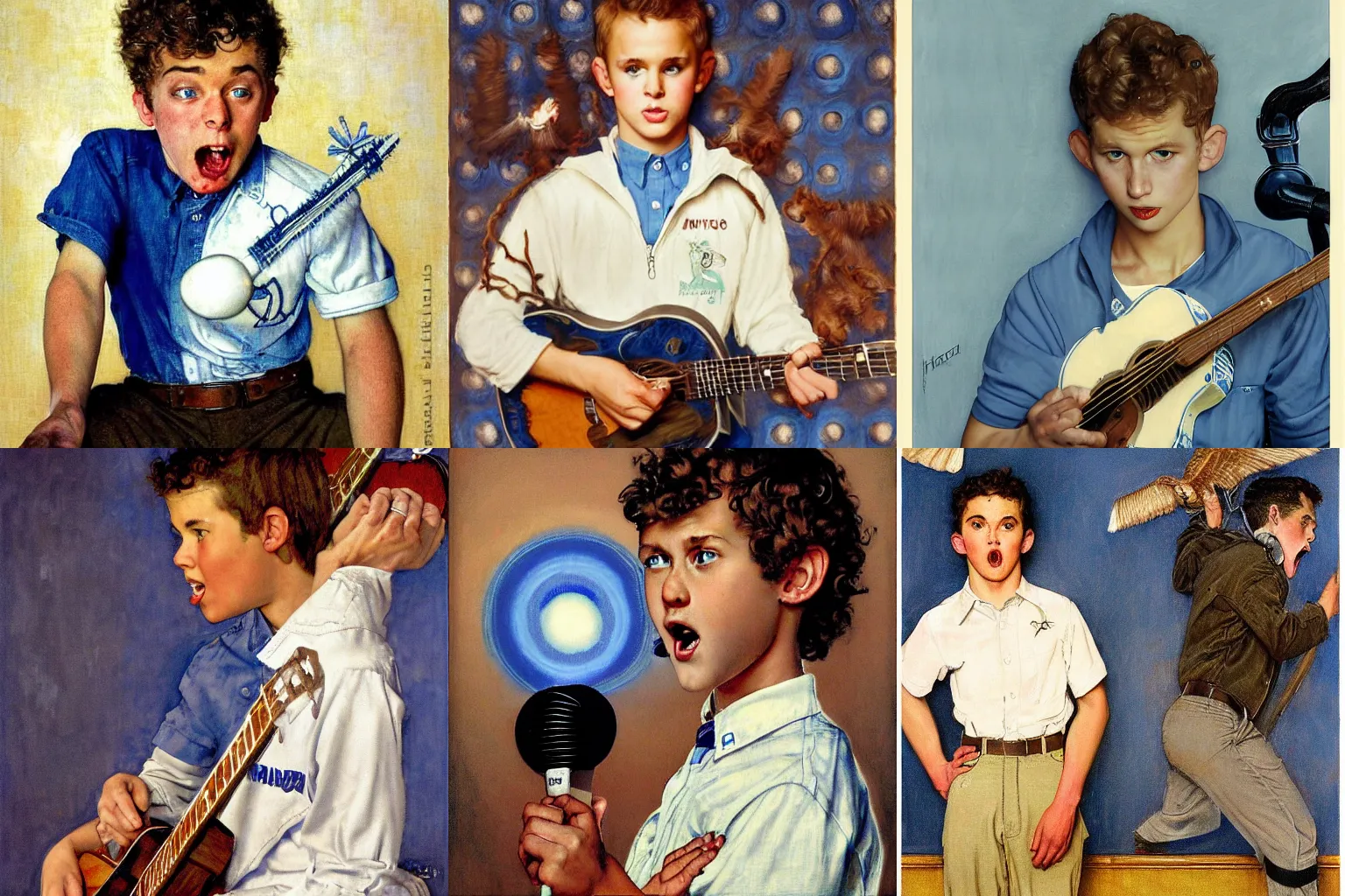 Prompt: a handsome teenage boy with sandy curly brown hair and blue eyes with a blue and white color scheme engaged in a a singing contest against a demon with his soul on the line. By Norman Rockwell, Toby Lewin