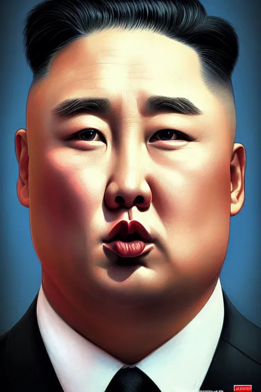 Image similar to vladimir putin as kim jong un, realistic portrait, symmetrical, highly detailed, digital painting, artstation, concept art, smooth, sharp focus, illustration, cinematic lighting, art by artgerm and greg rutkowski and alphonse mucha