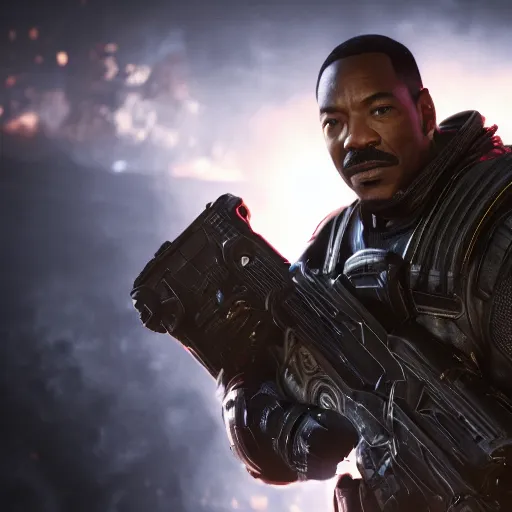 Image similar to eddie murphy in gears of war battlefield 5, splash art, movie still, cinematic lighting, dramatic, octane render, long lens, shallow depth of field, bokeh, anamorphic lens flare, 8 k, hyper detailed, 3 5 mm film grain