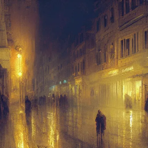 Image similar to highly detailed painting of night streets of belgrade, by william turner, by greg rutkowski, by william constable, thick brush strokes and visible paint layers, 4 k resolution