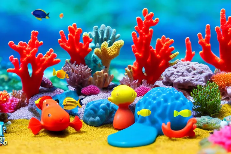 Prompt: fisher price coral reef, california, in 2 0 1 5, 8 k, scene from tv show hyper detailed 5 5 mm 8 5 mm, toy photography, made out of plastic