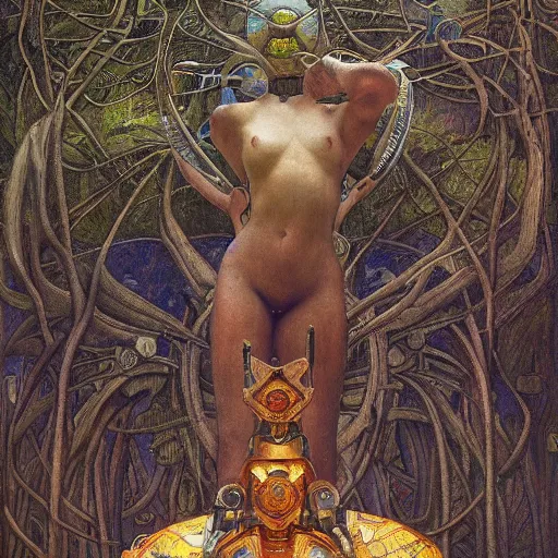Prompt: robot seizes the forest crown, by Annie Swynnerton and Diego Rivera and Elihu Vedder, symbolist, dramatic lighting, elaborate geometric ornament, tattoos, Art Brut, soft cool colors,smooth, sharp focus, extremely detailed, Adolf Wölfli and Donato Giancola