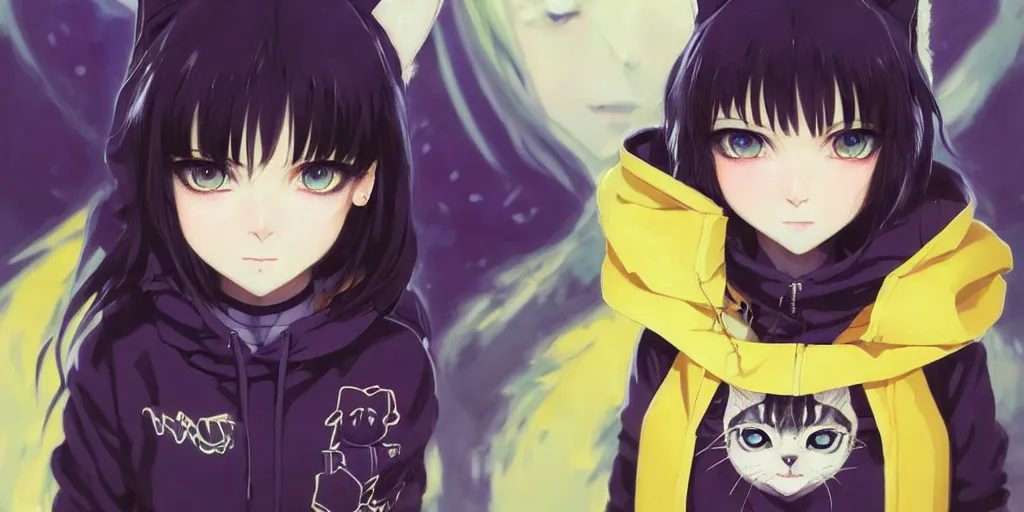 Image similar to with yellow eyes, a beautiful anime cyborg - girl wearing a cat hoodie, wlop, ilya kuvshinov, artgerm, krenz cushart, greg rutkowski, hiroaki samura, range murata, james jean, katsuhiro otomo, erik jones, serov, surikov, vasnetsov, repin, kramskoi