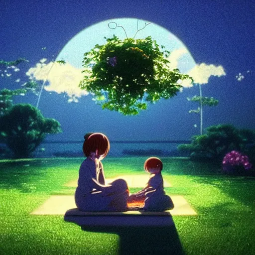 Prompt: incredible, a e s t h e t i c by makoto shinkai kokedama. a beautiful conceptual art harmony of colors, simple but powerful composition. a scene of peaceful domesticity, with a mother & child in the center, surrounded by a few simple objects. colors are muted & calming, serenity & calm.