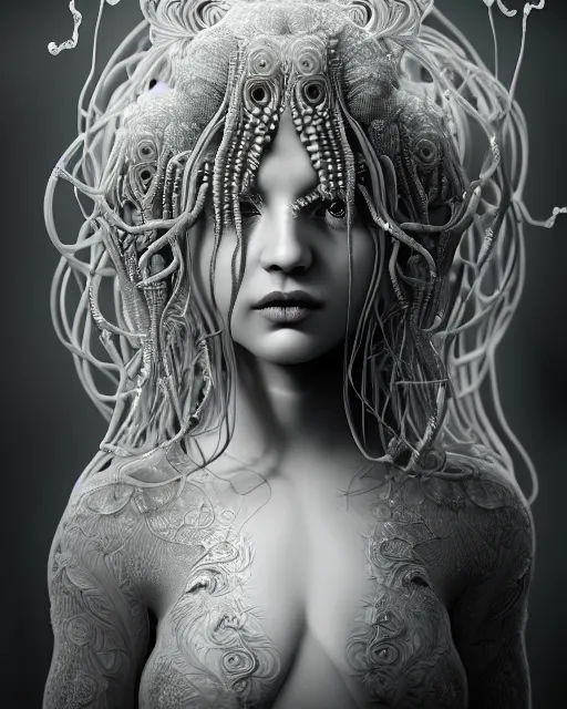 Image similar to mythical dreamy underwater artistic black and white 3 d render of a translucent beautiful young female angelic - medusa - vegetal - doll, highly detailed, intricate crystal ivy jelly ornate, poetic, translucent algae ornate, digital art, octane render, 8 k artistic photography, photo - realistic, hg giger flora borsi