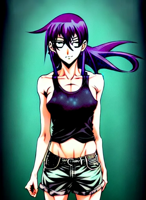 Image similar to style of madhouse studio anime, rei hiroe black lagoon manga, loish, artgerm, joshua middleton comic art, portrait of revy from black lagoon, purple hair, symmetrical eyes and symmetrical face, jean shorts, white tank top, waist up, sarcastic evil smirk on face, natural lighting, sky and ocean background