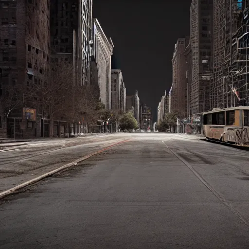 Image similar to color photograph of highly detailed abandoned New York city street at night after the war between humans and AIs, natural light, film grain, soft vignette, sigma 85mm f/1.4 1/10 sec shutter, film still promotional image, IMAX 70mm footage