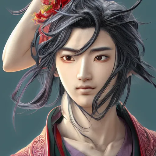 Image similar to an immortal xianxia cultivator with long blye hair as an absurdly handsome, elegant, young anime man, ultrafine hyperrealistic detailed face illustration by kim jung gi, irakli nadar, intricate linework, sharp focus, bright colors, matte, gujian, final fantasy, unreal engine highly rendered, global illumination, radiant light, intricate environment