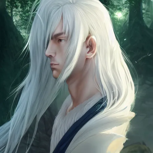 Image similar to a portrait of a handsome elven prince, white fringy hair, backlit, incredible lighting, strong rim light, subsurface scattering, realistic anime, by Heise Jinyao, Heise-Lian Yan Fang, Feimo, Richard Taddei, epic beautiful landscape, highly detailed, god rays, digital painting, HDRI, by marc simonetti, vivid colors, high contrast, 8k resolution, intricate, photorealistic