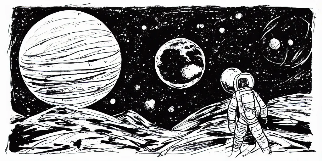 Image similar to ink lineart drawing of a planet, looming over an astronaut's shoulder, wide angle, space background, artstation, etchings by goya, chinese brush pen, illustration, high contrast, deep black tones contour