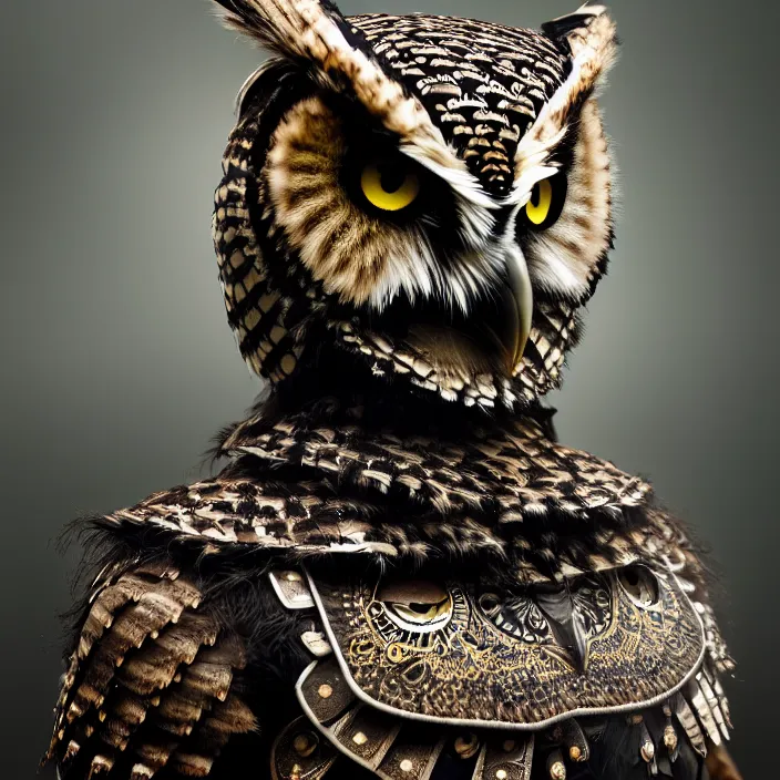 Prompt: portrait photograph of a real-life warrior with intricate owl armour Extremely detailed. 8k