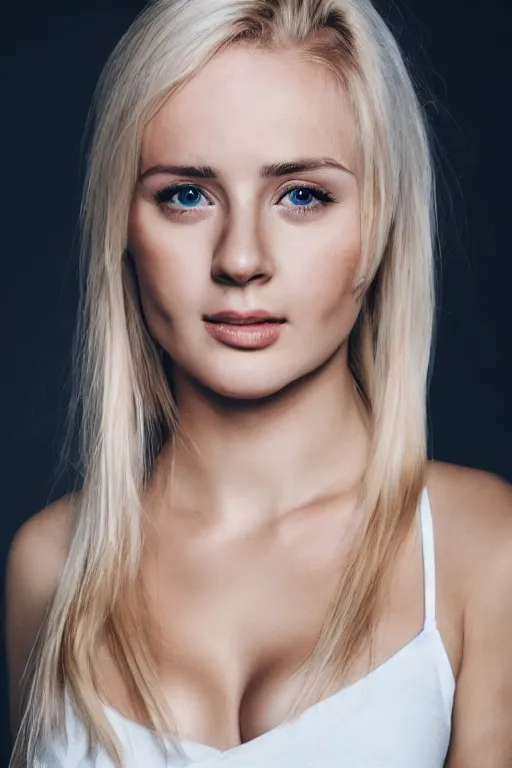 Image similar to 2 4 year old professional blonde female wearing white v - neck top, neck zoomed in, photo realistic, extreme detail skin, light freckles, no filter, slr, golden hour, 4 k, high definition, photograph, selfie