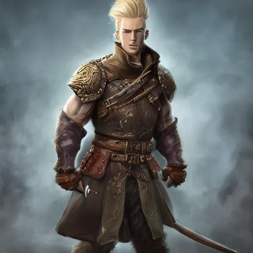 Image similar to full body rear side portrait of a muscular, ponytail haired blonde man in his late 30's with only one arm armored, wearing a thick brown leather coat, looking to his side, DnD character, fantasy character, digital art by Donglu Yu