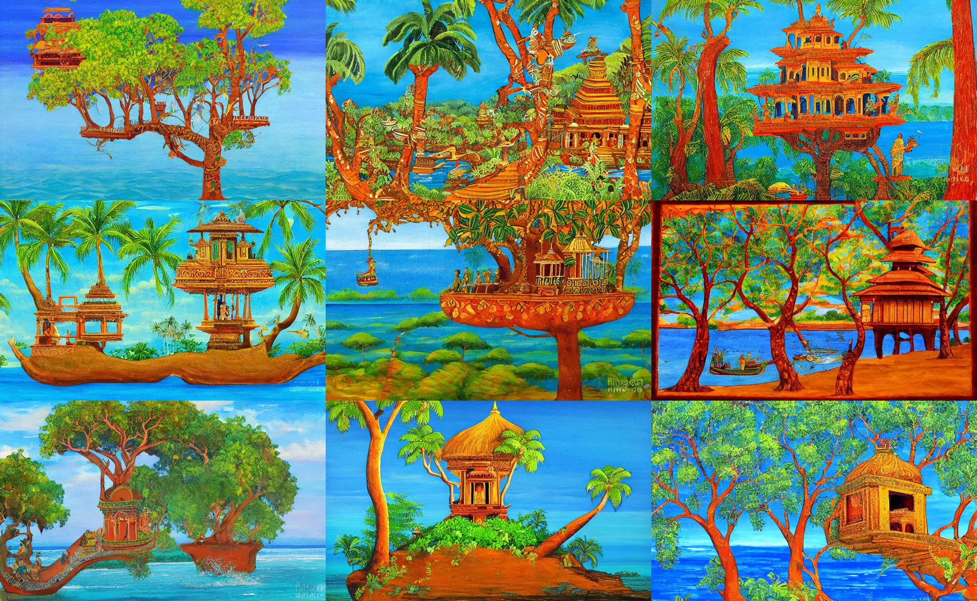 Prompt: tanjore painting of a mystical island treehouse on the ocean