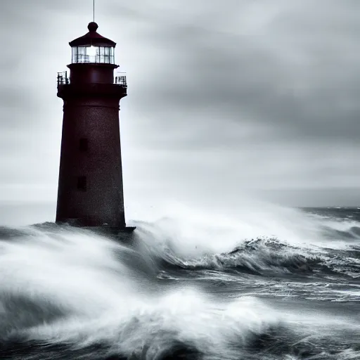 Image similar to award winning photograph of a lighthouse being battered by stormy seas, dark, moody, cinematic, 8k