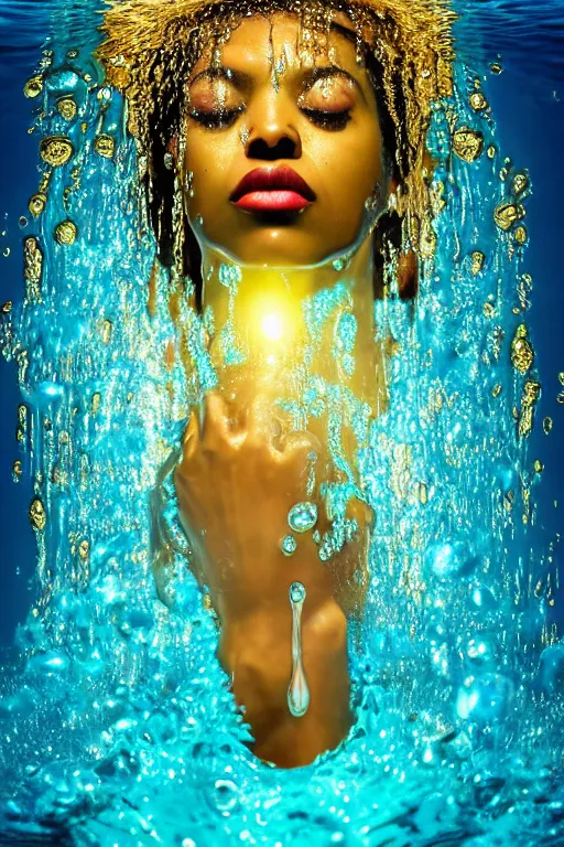 Image similar to hyperrealistic neo - pop cinematic super expressive! oshun goddess immersed in water!, mirror dripping droplet, gold ornate jewely, highly detailed face, digital art masterpiece, smooth eric zener cam de leon, dramatic pearlescent turquoise light on one side, low angle uhd 8 k, shallow depth of field