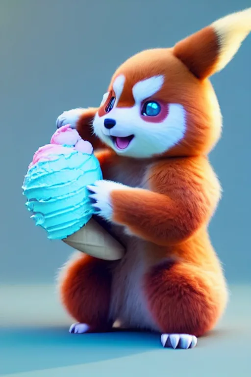 Image similar to high quality 3 d render hyperrealist very cute pastel fluffy red panda & koala hybrid eating giant ice cream, vray smooth, in the style of detective pikachu, very dramatic light, low angle, uhd 8 k, shallow depth or field