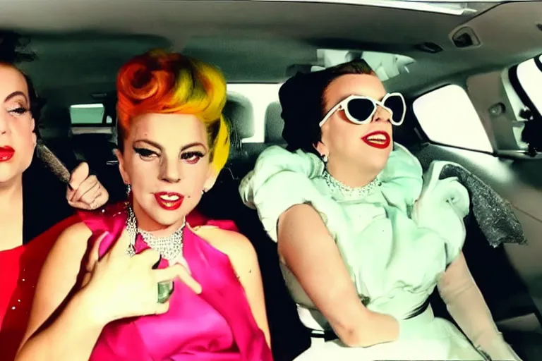 Prompt: lady gaga and judy garland doing carpool karaoke, lady gaga and judy garland, carpool karaoke, lady gaga, judy garland, carpool karaoke, youtube video screenshot, the late late show with james corden