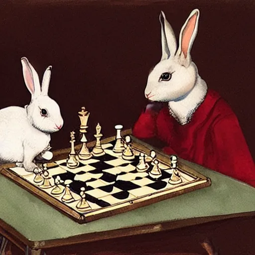 Prompt: two rabbits playing chess inside a ballroom, watercolour realism