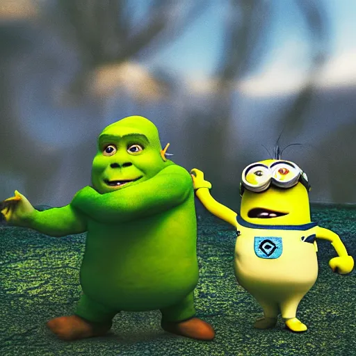 Image similar to “photograph of shrek holding hands with a minion. 8k resolution. Hyperrealistic. Romantic.”