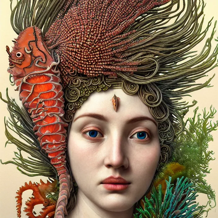 Image similar to realistic detailed face portrait of the goddess of the fish of the three times with an intricate headdress of corals, sea kelp, sea plants, fish, jellyfish, art by archimboldo, and face in focus, neo - gothic, gothic,