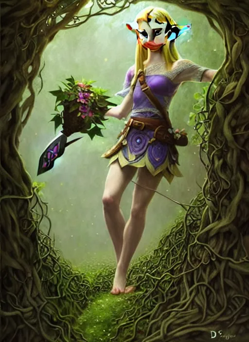 Image similar to beautiful full body portrait of the legend of Zelda ocarina of time great fairy, her body wrapped with ivy vines leaves and flowers, dark fantasy esoteric, D&D, fantasy, cinematic lighting, intricate, elegant, highly detailed, digital painting, artstation, concept art, matte, sharp focus, illustration, art by Artgerm and Tom Bagshaw and Greg Rutkowski and Alphonse Mucha