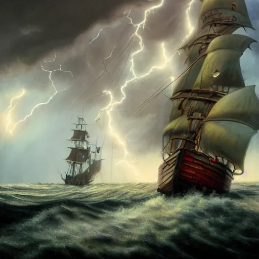 Image similar to a pirate with two peglegs and two hook hands steering a wooden galleon through a rain and lightning storm. view from on deck, sails and masts and rigging, first person deckhand pov, detailed dynamic light painting by peter mohrbacher