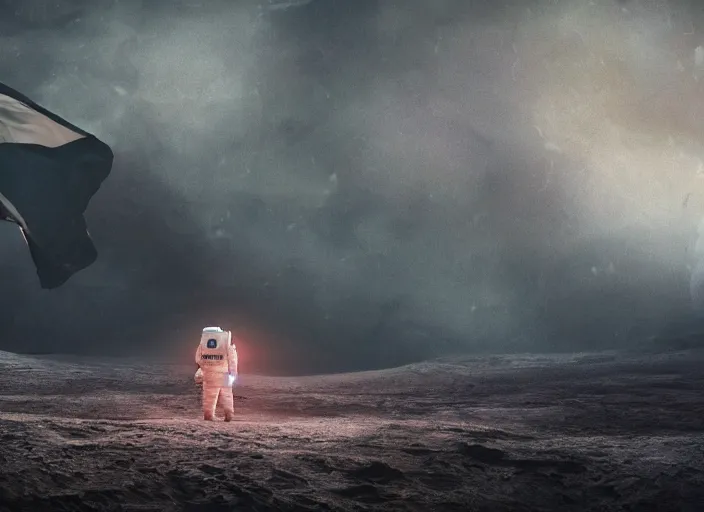 Image similar to astronaut holding a flag in an underwater desert. a submarine is visible in the distance. dark, concept art, cinematic, dramatic, atmospheric, 8 k, trending on artstation, blue, fish, low visibility, fog, ocean floor, christopher nolan, interstellar