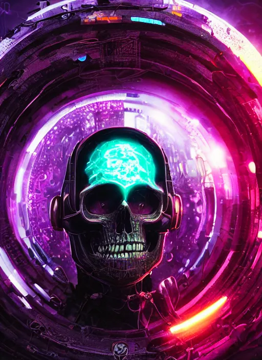 Image similar to a futuristic skull with glowing eyes and a wormhole tunnel, cyberpunk art by android jones, behance contest winner, computer art, darksynth, synthwave, rendered in cinema 4 d